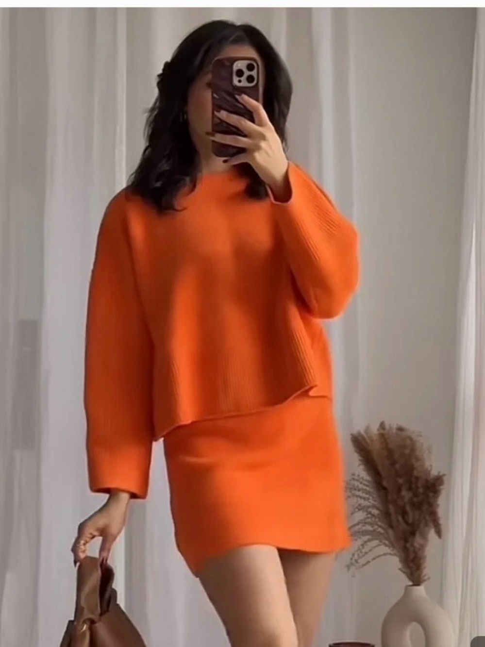 Orange Knit Mini Sweater Set Skirt - Zara